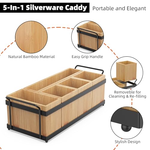 Bamboo Silverware Holder for Parties with 5 Removable Bins - Eco-Friendly Utensil Caddy