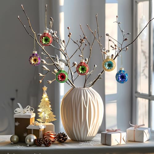 9 Pcs Christmas Glass Reflector Ball Ornaments - 1.6 Inch Hanging Holiday Decor