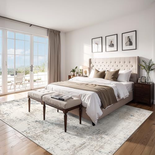 8x10 Beige Modern Abstract Washable Area Rug for Living Room