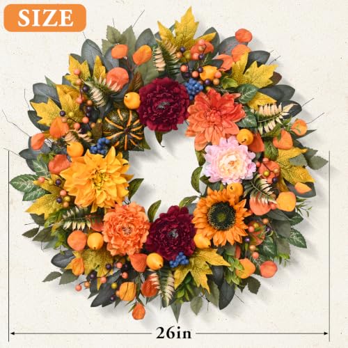 Waipfaru 26-Inch Fall Harvest Wreath with Pumpkins & Autumn Decor, Orange-Green