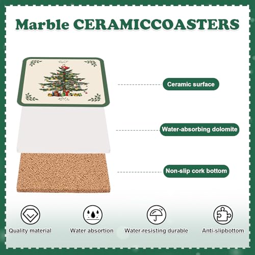 Vintage Christmas Tree Ceramic Coasters Set of 4 - Holiday Drink Mats for Home & Gifts