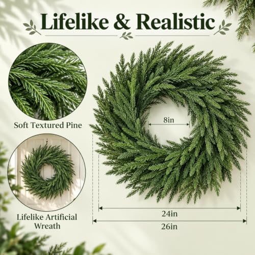 ICX 26-Inch Real Touch Norfolk Pine Wreath for Front Door Christmas Decor
