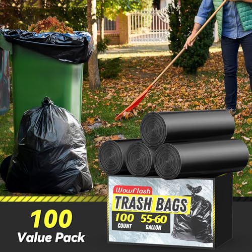 Wowflash 100 Count 55-60 Gallon Heavy-Duty Trash Bags - Large Commercial Garbage Liners