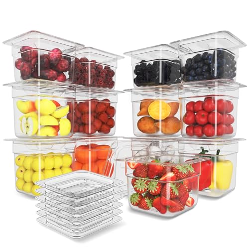 HNEDSEN 12-Pack NSF Polycarbonate Food Pans with Lids - 1/6 Size, 6" Deep, Clear