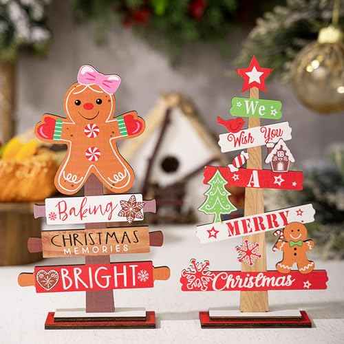 2Pcs Wooden Christmas Centerpiece Signs, Wooden Gnome Table Decorations Signs, Merry Christmas Table Toppers, Centerpiece Decorations for Holiday Home Party Indoor Decor (Gingerbread)