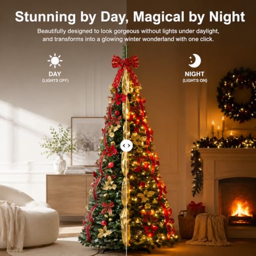 Skasii 5FT Red Pop Up Christmas Tree with LED Lights, Fully Pre-Decorated