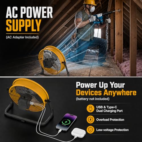 12-Inch Cordless Floor Fan for Dewalt 20V - Battery & AC Powered Portable Cooling