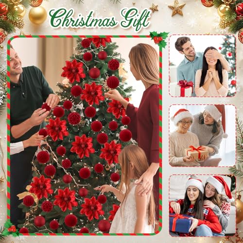 Yuxung 48 Pcs Christmas Tree Decoration Set Red with Glitter Flowers & Velvet Balls