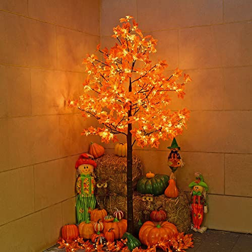 7FT LED Lighted Maple Tree with 208 Warm White Lights for Fall & Holiday Decor - Orange, Indoor & Outdoor