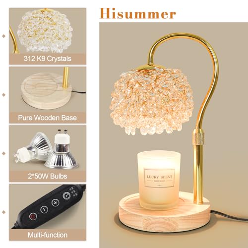Hisummer Gold Candle Warmer Lamp with Crystals & Timer, Dimmable Electric Wax Warmer