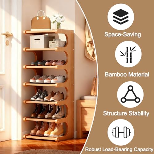 Brown 7-Tier Vertical Shoe Rack - Space-Saving Bamboo Shoe Organizer