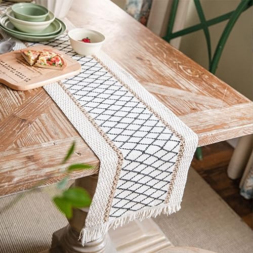 Table Runner, Boho Table Runner Cotton Linen Table Decorations, Farmhouse Table Runners with Tassels for Bohemian Wedding Bridal Shower Rustic Home Dining Table (Black/Grid/12x72)