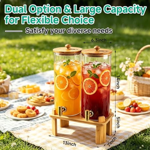 2-Gallon Beverage Dispenser Set with Bamboo Stand, Large Glass Drink Containers for Parties