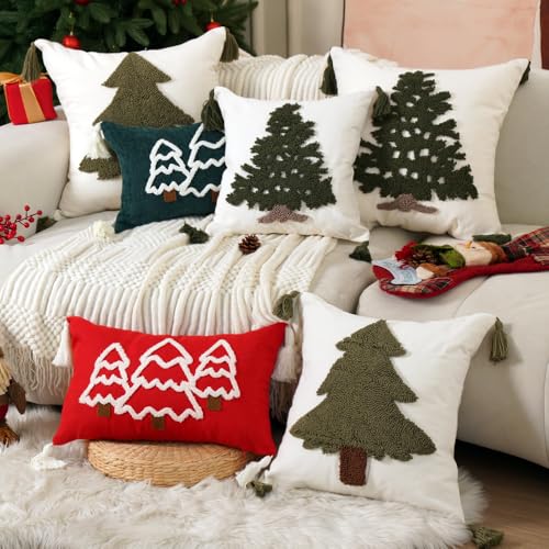 Christmas Pillow Covers 18x18 Farmhouse Tree Tassels Hand Woven Couch