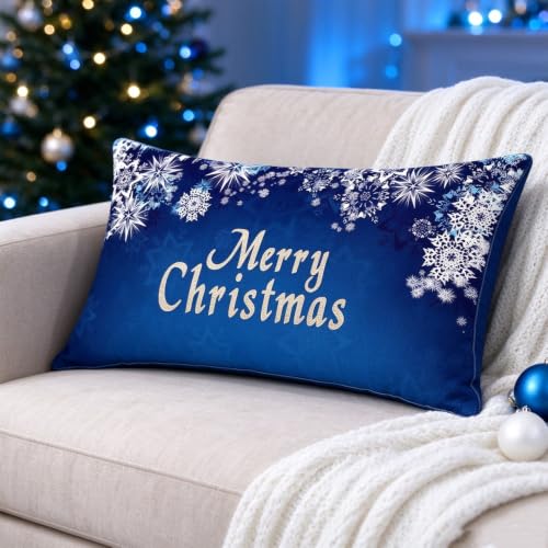 ITFRO Royal Blue 12x20in Linen Cotton Decorative Throw Pillow Cover – Christmas Snowflakes