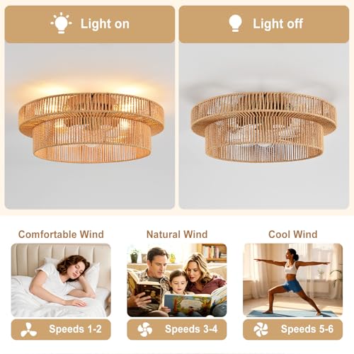 Natural Brown 20 Inch Boho Ceiling Fan with Light and Remote - Reversible 6-Speed Indoor Fandelier