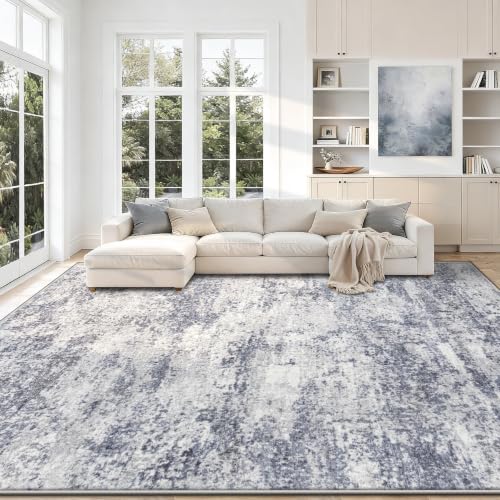 Blue Grey 8x10 Washable Abstract Area Rug for Living Room - Non Slip