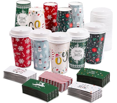50 Pack Christmas Coffee Cups with Lids & Sleeves, 16 oz - Five Designs, 10 Each - Bapmnicc