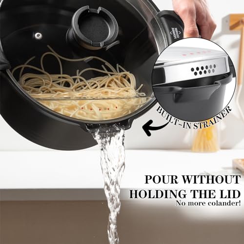 ACTIV CUISINE 8.5 Qt Black Pasta Pot with Strainer Lid, Nonstick Ceramic, Dishwasher Safe