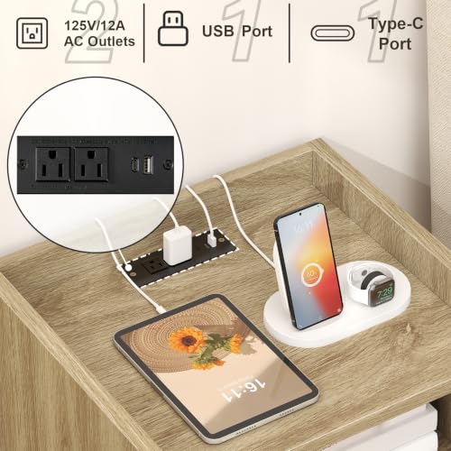 MECHYIN Nightstand Set of 2 with Charging Station, Rattan & Solid Wood, Light Oak, 15.9 x 11.8 inches