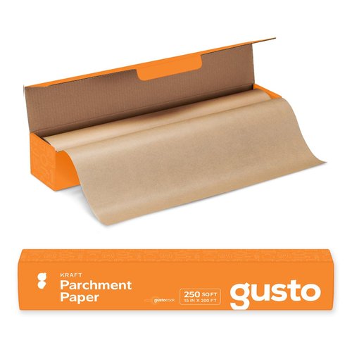 GUSTO [15 in x 200 ft - 250 Sq.Ft] Kraft Parchment Paper for Baking, Non-Stick Baking Paper - Parchment Paper Roll With Cutter for Air Fryer, Baking & Cooking (Formery Comfy Package)