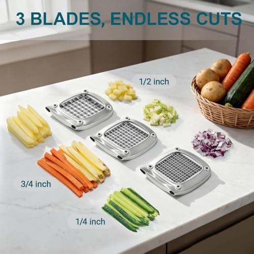 French Fry Cutter with 3 Blades - 1/4, 3/8 & 1/2 Inch Stainless Steel