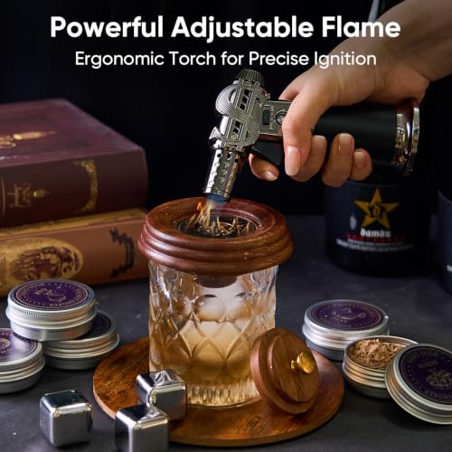 Whiskey Smoker Kit with Torch, Wooden Gift Box, 6 Wood Chips, Glasses & Molds - Natural