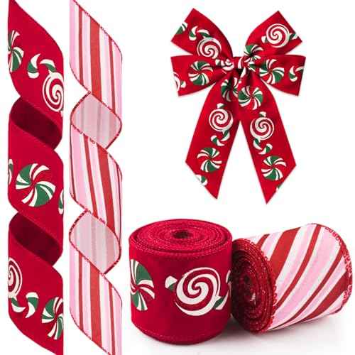 2 Rolls Christmas Ribbon for Wreath Bows Wrapping Gifts, Red Pink Candy Cane Ribbon for Gift Wrapping Party Supplies Decoration DIY Crafts 2.5" X 10 Yard Wired Winter Christmas Wreath Ribbon