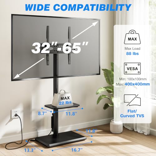 Rfiver Swivel Floor TV Stand with Power Outlet - Black, Height Adjustable, Fits 32-65 Inch TVs