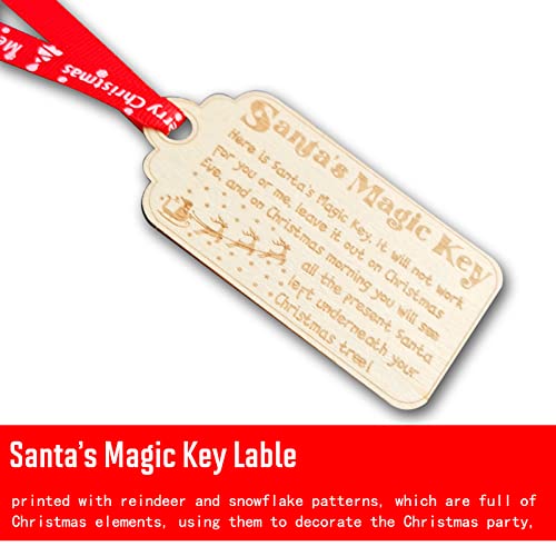 Vintage Santa Claus Christmas Ornament - Santas Magic Key for No Chimney Houses, Wood Engraved Wooden Tag and Red Bag and Ribbon