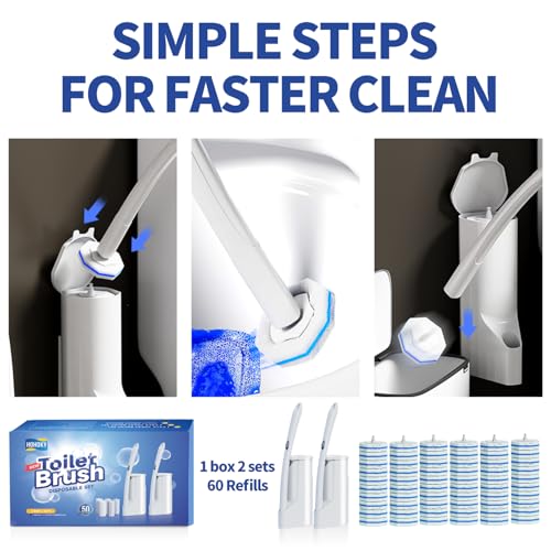 Hohoky Disposable Toilet Brush Cleaning System - 2 Sets & 60 Refills Wall-Mount Kit
