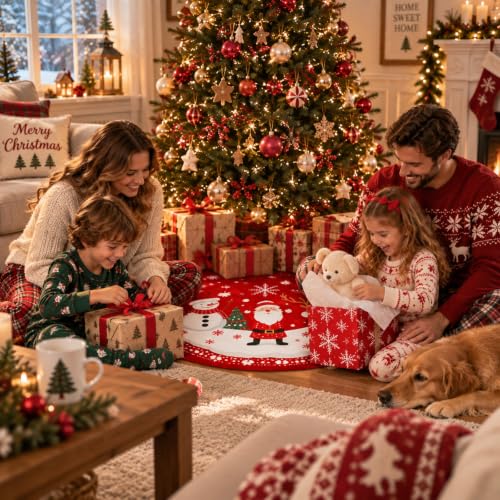 Christmassy 47in Red Christmas Tree Skirt with Santa, Snowmen & Reindeer Print