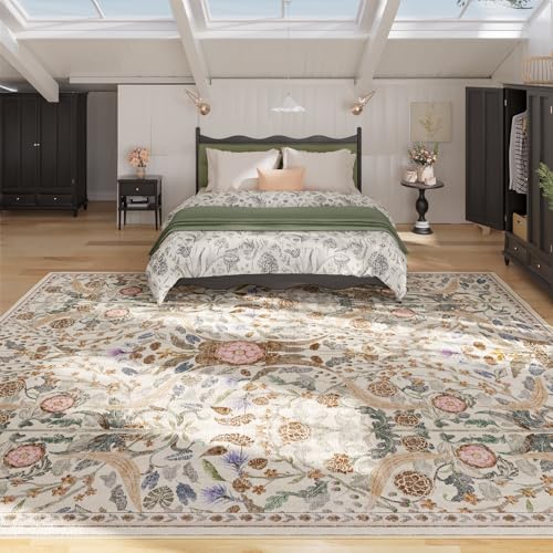 AMTOVO 8x10 Beige Washable Area Rug with Floral Vintage Design for Living Room & Bedroom