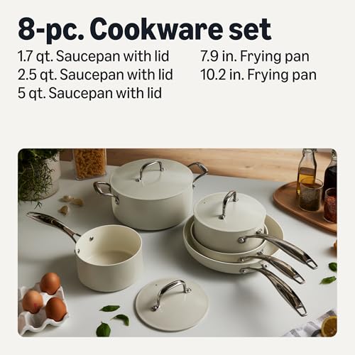 Ceramic Nonstick Cookware Set 8-Piece - Linen Gray, Oven & Dishwasher Safe, Induction Compatible