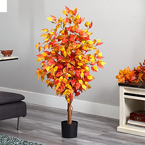 4ft Artificial Autumn Ficus Tree with Pot - Fall Home Decor