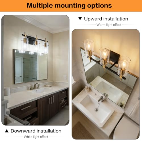 Vintage Vanity Light Fixture with Glass Shades - Black & Brass, 3 Lights, Over Mirror, Modern Style