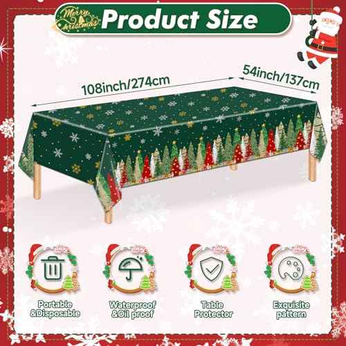 3 Pcs Christmas Tablecloth - Xmas Tree Plastic Table Cloth, 54 x 108 Inch Green Xmas Disposable Rectangle Table Cover with Snowflake Pattern for Christmas Party, Winter Holiday Dinner Decoration