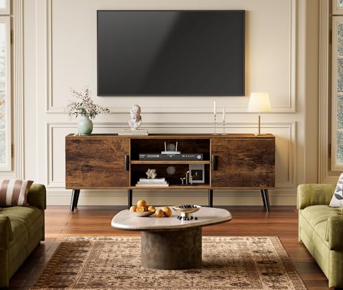 55 Inch TV Stand with Rustic Brown Finish - Adjustable Shelf & Storage Cabinets - 53.9" Length