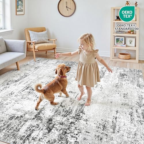 6x9 Large Washable Abstract Area Rug - Soft Non-Slip Living Room Carpet - White Grey Black, Rectangular