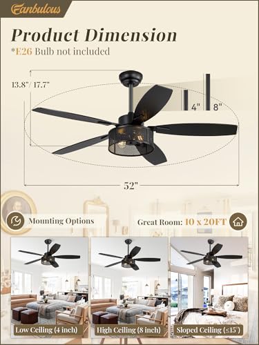 Fanbulous 52 Inch Black Farmhouse Flush Mount Ceiling Fan with Light & Remote - Rustic Caged Design