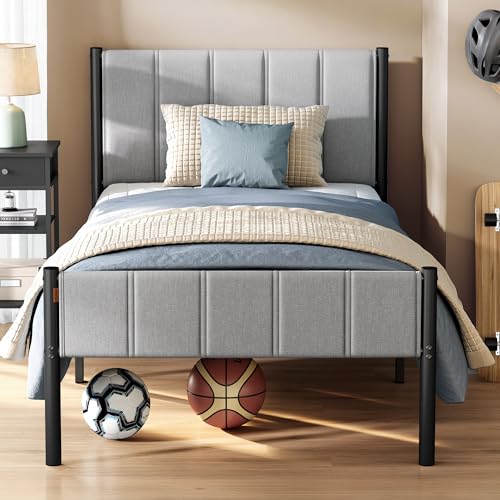 VASAGLE Twin Bed Frame with Upholstered Headboard, Footboard, Metal