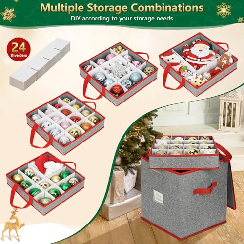UHAPEER Christmas Ornament Storage Box Grey+Red Holds Up to 64 Balls