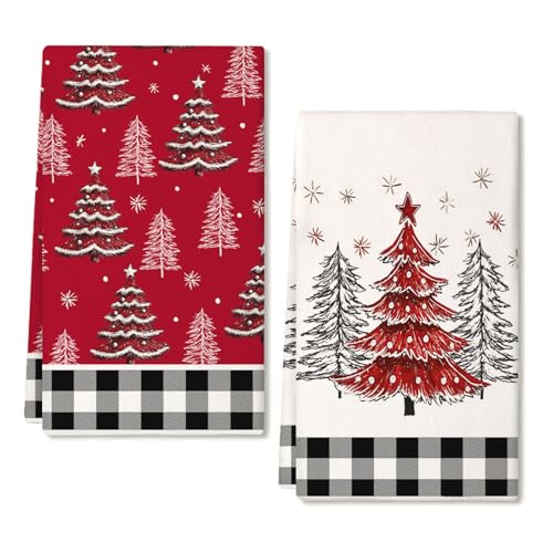 Arkney Christmas Kitchen Towels Set of 2 - 18x26in Red Tree Snow Towels