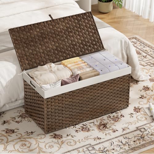 HOOBRO Brown 39.4"L x 15.7"W x 19.7"H Wicker Storage Basket with Lid, Handles, 200L