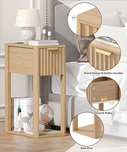 Narrow Nightstand Set 2 with Charging Station - Natural Oak, 15.7D x 9.4W x 23.6H