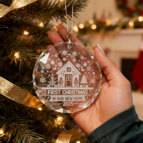 First Christmas in Our New Home 2026 Glass Ornament - 3in Circular House Design | Ornaments by Design (Variation: Christmas Home 2025)