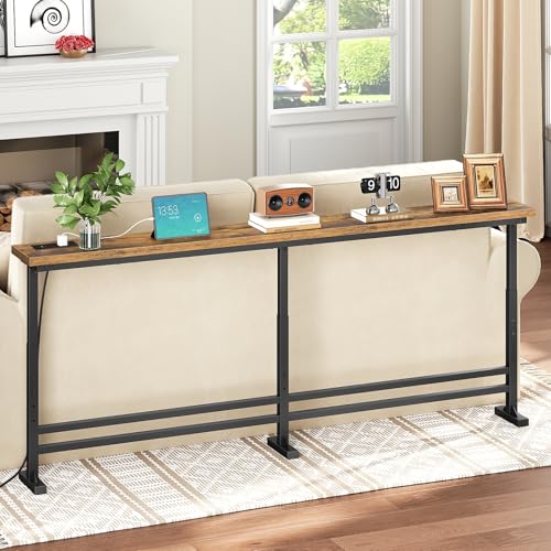YATINEY Rustic Brown & Black 70.9" Adjustable Console Table with Power Outlet - Narrow Sofa Table for Living Room & Entryway, Model CT08UBR