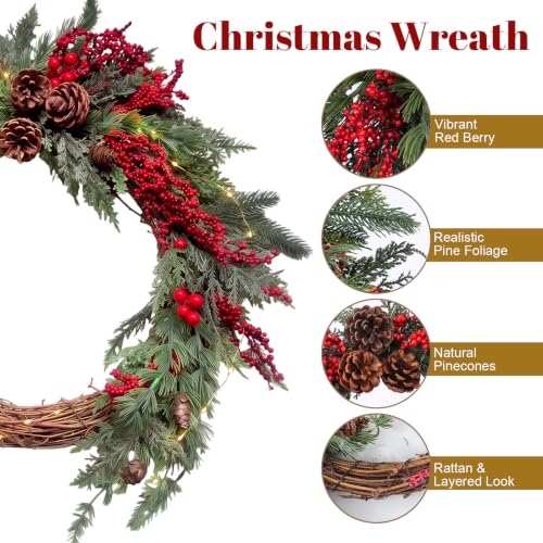 Yinder 20-Inch Red Berry LED Wreath with Rattan and Pinecones