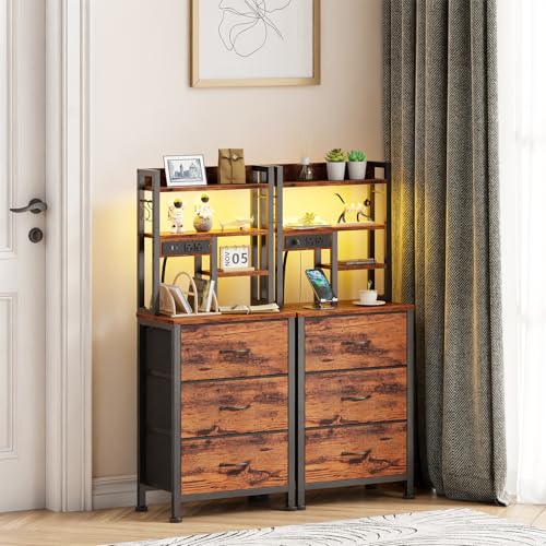 Furnulem 45.3-Inch Rustic Brown 3-Drawer Tall Nightstand with LED Lights & Charging Station