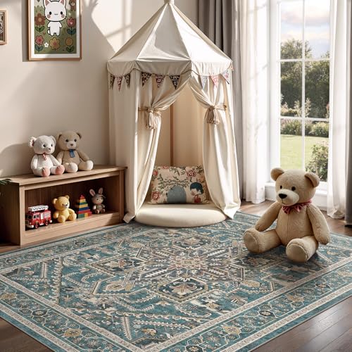 Washable Living Room Area Rug 8x10 Vintage Teal Brown Non-Slip Floor Mat